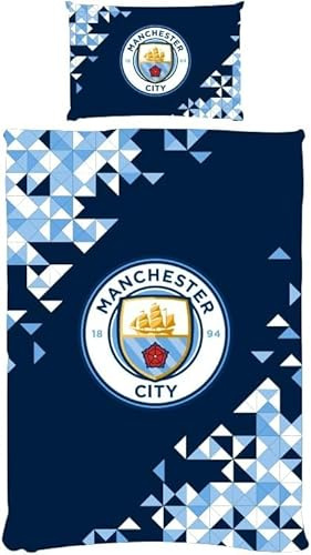 FOCO Manchester City FC Single Duvet Cover Bedding Set – Official Football Merchandise – Blue Polycotton, Soft & Breathable – Reversible Design with Pillowcase – Kids & Adult Man City Fan Gift