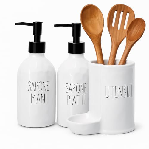 KORAT Set Dispenser Sapone e Porta Utensili da Cucina in Ceramica Bianca 2 Dosatori con Pompa Nera per Sapone Mani e Piatti + Porta Utensili Multiuso Design Moderno Stile Minimal Accessori Lavello