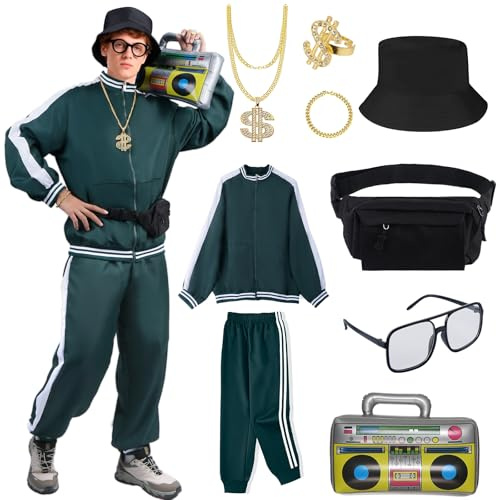 Moiuguli 80er 90er Jahre Outfit Herren Damen, Faschingskostüme Männer, Retro Karneval Trainingsanzug Hippie Jogginganzug Ganzkörper Kostüm für Erwachsene Cosplay