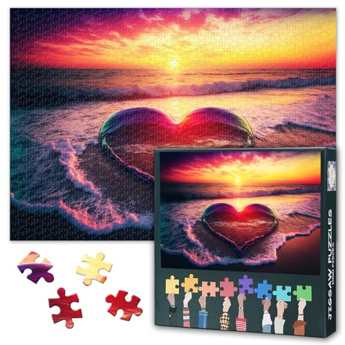 Warm Color of Love Jigsaw Puzzles for Adults 1000 Pieces, Heart Shape in a Beach at Sunset Moment 1000 Piece Puzzle, Impossible Jigsaw Puzzles, 19.5 x 27.5 Inch
