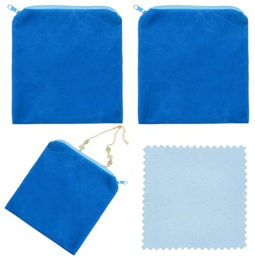 Beebeecraft 4 Stück Aufbewahrungsbeutel Für Silber Mit Reißverschluss Anlaufgeschützt 6.06x6.1in Klein Mikrofaser Marineblau Aufbewahrungsschutzbeutel Für Silberschmuck Mit Poliertuch Für Münzen