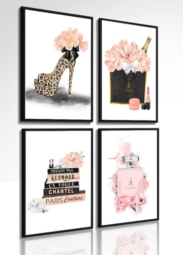 4Good Glamour Fashion Kunstdruck – Shoppingbag mit Blumen, Parfüm, Champagner & Modebüchern – Chic Wandbild für stilvolle Interior-Dekoration - WBF13 Leopard A3