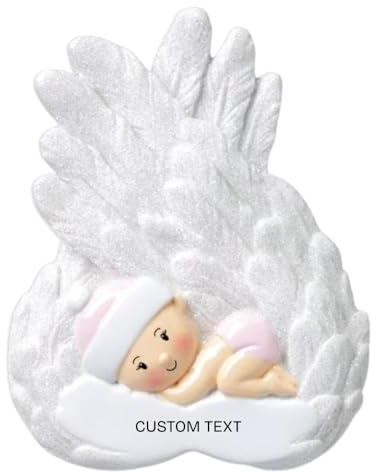 Marco Paul Personalised Pink Baby Memorial Ornament - Ceramic Angel Wings Remembrance Keepsake with Ribbon - Sleeping Child Tribute Decoration, Sympathy or Bereavement Gift & Grave Decoration