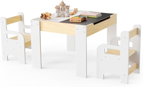 Helangel 4-in-1 Multifunctional Children's Table set – Removable Tabletop with Chalkboard & Whiteboard, including 2 Solid Wooden Chairs, ideal for Painting, Learning and Playing (Set - Two Chairs)