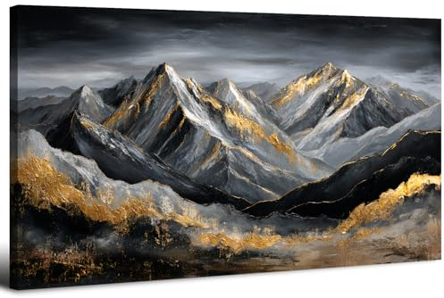 Abstrakte Berg Leinwand Bilder Mit Rahmen, 50x100 cm Leinwandbilder Landschafts, Modern Minimalistisch Wohnzimmer Bilder in Schwarz und Gold, Abstrakte Bilder Schlafzimmer Büro - Fertig zum Aufhängen