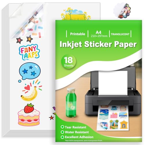 18 Fogli Carta Adesiva per Stampante A4, Carta Vinile Stampabile Adesivo Trasplucido Impermeabile, Self-Adhesive Full Page per Stampanti a Getto d'Inchiostro, Quick Dry, 210x297mm