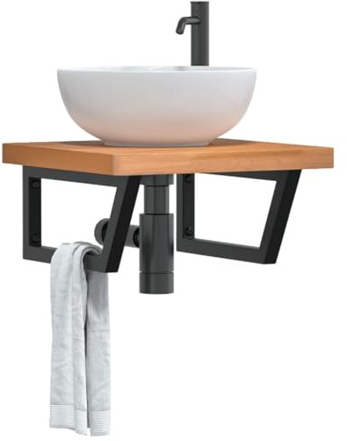 Mhdvray Waschtischplatte 50 x 50 cm wandmontiert aus massiver Buche mit trapezförmigem Stahlgestell schwarz platzsparendes Badregal Modernes Design für Badezimmer WC Gäste WC