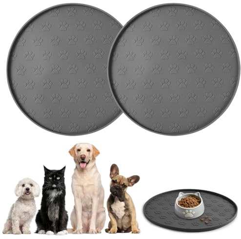 OSDUE Alfombras para Comederos Perros Gatos, 2 Piezas Impermeable Alfombrillas Lamer de Silicona 27cm Tapetes para Comer Antideslizante Prueba de Derrames Fácil de Limpiar Alivio de Ansiedad, Redondo