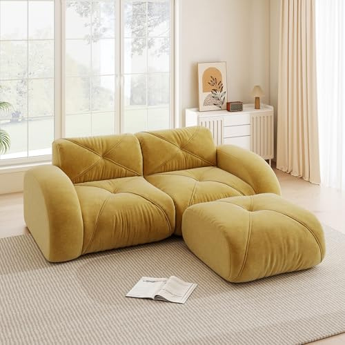 Bladez Modulares 2-Sitzer Sofa mit Hocker Modernes Chenille Loveseat Wohnzimmer Couch mit geschwungenen Armlehnen, Ohne Montage Boneless Sofa Kompression Cloud Couchs (Gelb, 2-Sitzer+1)