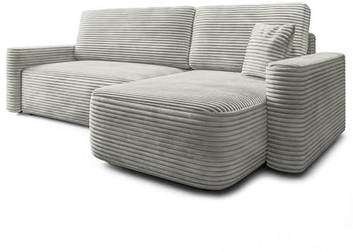 Masseno Ecksofa NERI T mit Schlaffunktion L-Form, Modern Sofa mit Bettkasten, Wohnzimmersofa, Couch, Soffa, Bettsofa, Couchgarnitur - Hellgrau, TILIA 83