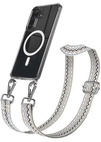 EAZY CASE Handykette - Verstellbares Taschenband kompatibel mit Galaxy S26 Plus, Schulterriemen, Handykordel mit Silikon Hülle, Qi Charging kompatibel, Umhängetasche, Beige Blau Silber