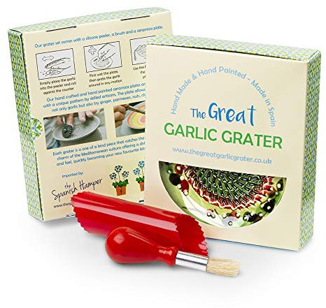 Garlic Grater Plate Set with Brush and Peeler. (#Ref 14). Handmade and Hand Painted in Cordoba, Spain. Cream with Red Rim, red and Green Circles. Olive and Flowers.
