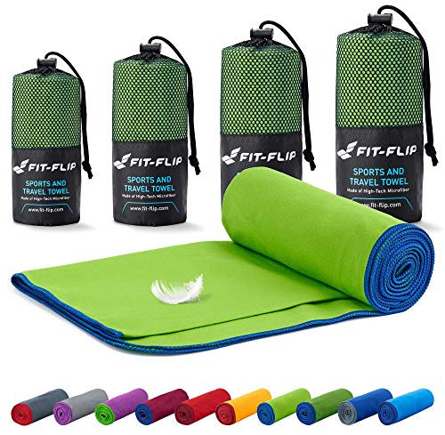 Fit-Flip Mikrofaser Handtuch - kompakt, leicht und schnelltrocknend - Microfaser Handtücher - als Reisehandtuch, Sporthandtuch, Strandtuch und Badetuch groß (100x200cm, Grün mit Dunkelblauen Rand)
