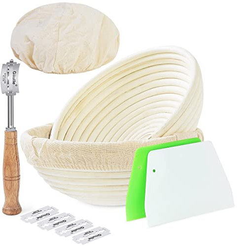 Set of 2 9 inch Round Bread Proofing Baskets Natural Rattan Banneton Sourdough Rising Bowl Basket with Dough Scraper + Bread Lame + Cloth Liner for Bakery Home Bakers