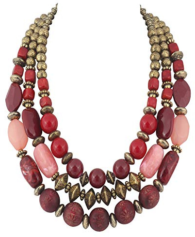 Bocar - Collana da donna con perline voluminose, 3 fili, elegante, multistrato, collana con ciondolo (NK-10625-Vino Rosso Rubino)