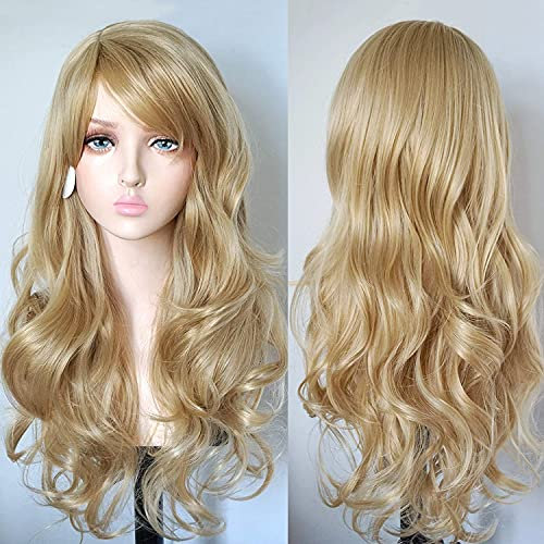 YEESHEDO Blond Cosplay Perücke für Frauen Langes Gewelltes Haar Synthetische Perücken mit Pony für Halloween Party Kostüm Anime 28 Zoll 70 cm