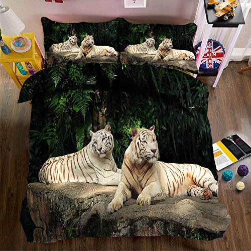 LWLFC Bettwäsche 135X200 Weißer Tiger, Wald Bettwasche Mikrofaser Bettbezug Mit Reißverschluss Und Kissenbezug Bettwäsche-Set Pflegeleicht,Einzelbett