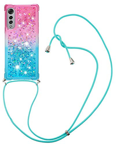 Collier Coque pour LG Velvet 5G/ LG G9 Velvet Housse Liquide Paillette Quicksands Silicone Coque Flowing Strass Glitter Liquide Cover Antichoc Étui Souple Silicone Case pour Smartphone Lanyard