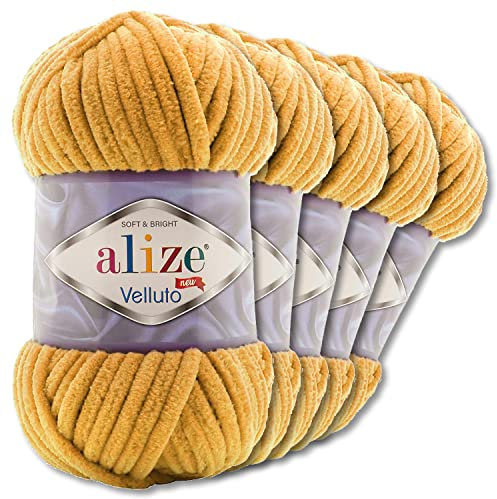 Wohnkult Alize 5x100 g Velluto Premium Wolle 30 Auswahl Chenillegarn Samtwolle Amigurumi Decken Accessore Kleidung DIY (02 | Senf)