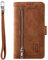 UEEBAI Hülle für iPhone XR 6.1 Zoll, Vintage Reißverschluss Handyhülle PU Leder Handytasche Bumper mit 9 Kartenfächer Standfunktion Geldbörse Trageband Schutzhülle Flip Wallet Case -Braun