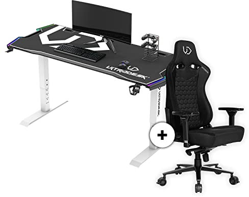 Ultradesk Force Table d'ordinateur Bureau de Jeu 166x70 cm + Table de Jeu Throne Chaise de Jeu Tapis de Souris XXL Plan de Travail étagère pour multiprises éclairage Prisme LED RGB de la Hauteur