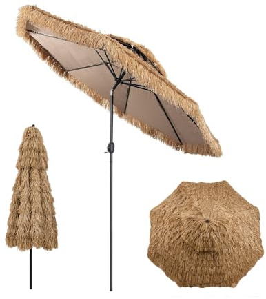 GOPLUS Sonnenschirm Hawaii, Ø 300 cm Sonnenschirm Stroh um 30° knickbar, Strandschirm mit Kurbel, Strohschirm mit Doppeldach zum Sonnenschutz, Terrassenschirm klappbar für Strand, Balkon & Garten
