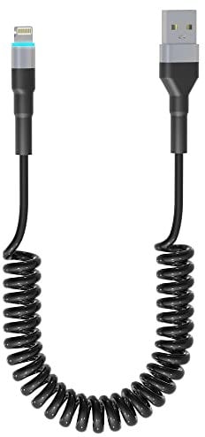 Cable iPhone Spiralé USB A à Câble Lightning, Certifié Apple Carplay et MFi, Cordon de Chargeur iPhone Court Rétractable avec Transmission de Données et LED pour iPhone/Pad/Pod