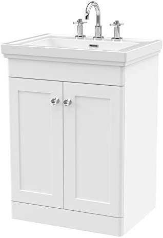 nuie CLC125B Classique Traditional Bathroom Floor Standing 2 Door Vanity Basin Unit with 3 Tap Hole Fireclay Basin, 600mm, Satin White