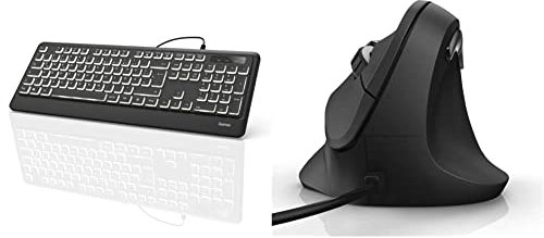 Hama USB Tastatur beleuchtet mit Kabel KC-550 (laserbeschriftet, deutsches Tastenlayout QWERTZ, 12 Media-Tasten, flach, extra langes Kabel 180 cm) schwarz & ergonomische Maus schwarz