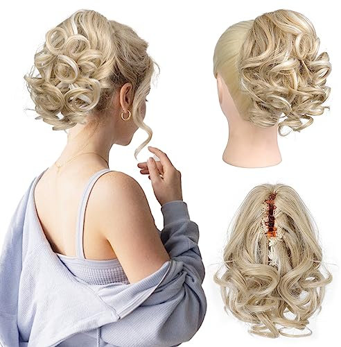 REECHO Pferdeschwanz Haarverlängerung, 23 cm Kurze lockige gewellte Haarklammer Haarteil Pferdeschwänze Haarverlängerungen Haarteile für Frauen Ponytail Extension - Mittelblond mit Strähnchen