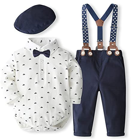 Volunboy Bimbo Neonato Completini e Coordinati Gentiluomo, Camicia Fiocco e Bretelle Pantaloni 4 Pezzi(9-12 mesi,Barca Bianca,Taglia 73)