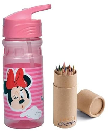 OM SUPPLIES Bouteille d'eau pop-up réutilisable avec cordon pour un transport facile à l'école, le déjeuner des enfants, 500 ml, comprend un ensemble de 12 crayons demi-taille (Minnie)