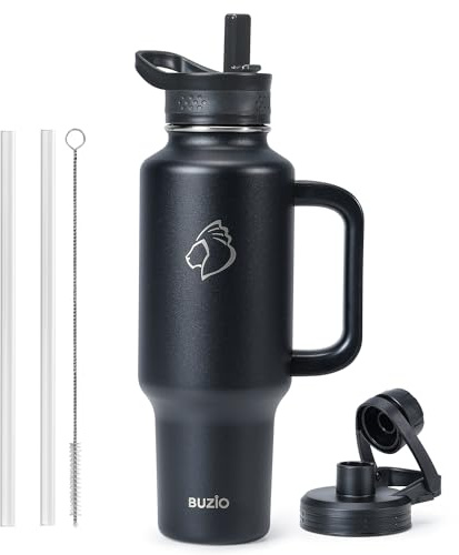 1.2 L Insulated Water Bottle Fits in Any Car Cup Holders, BUZIO 1.2 L Double Wall Insulated Tumbler with Handle and Straw, Leakproof Travel Tumbler Mug, Keeps Cold for 48 Hrs, Hot for 24 Hrs, Black
