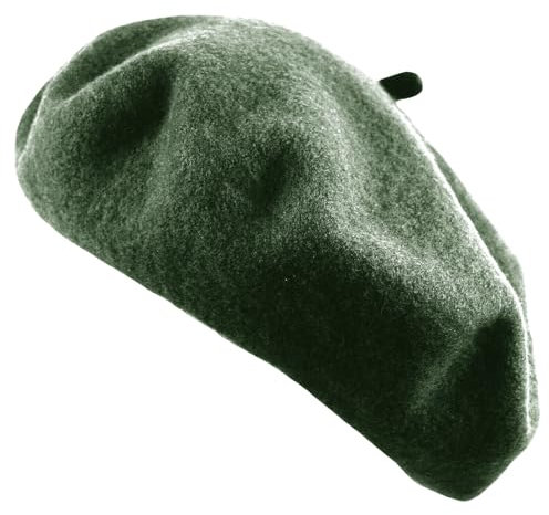 Baskenmütze für Damen, einfarbig, Wolle, klassisch, traditionell, Künstlerkappe, Olivgrün, Einheitsgröße