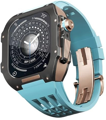 BRART Kit de modificación de reloj para Apple Watch 6 5 4 SE 44 mm caja de titanio+correa Viton, estuche de lujo y kit de modificación de banda (color: azul 4, tamaño: 44 mm), 44MM, Agate