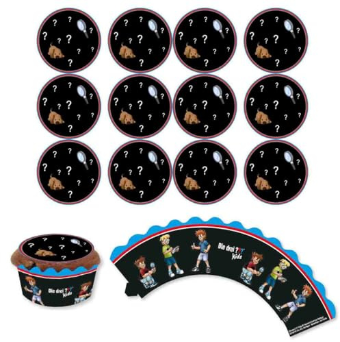 Tolle-Tortenaufleger Muffinset Detektiv Fragezeichen mit essbaren Muffinauflegern und Cupcake-Banderolen Drei Fragezeichen // Dekoration Drei Fragezeichen Party