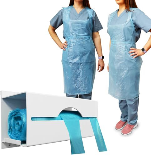 RE-GEN Blue Disposable Polythene CAT 1 Aprons & Wall Mounted Dispenser | 69x105cm Long Length 40 - Roll of 200 | Premium Quality, Kitchen, Catering, Medical Healthcare, Workplace Cleaning PPE
