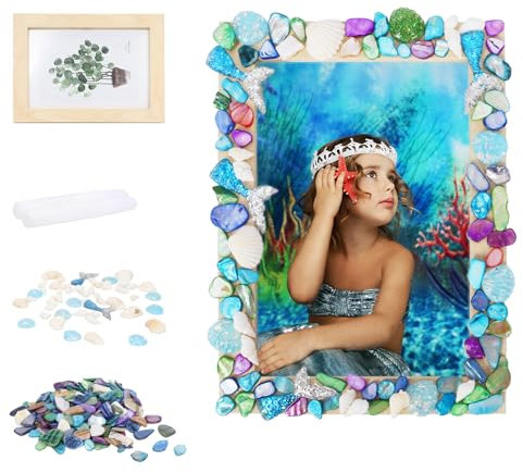 DATIFF Meer Mosaik Bilderrahmen Bastelset Meerjungfrauen Fotorahmen Mosaikset DIY Mosaik Rahmen Basteln mit Meerjungfrau Schwanz Muscheln Geschenke für Junge Mädchen Sommer Geburtstag Party