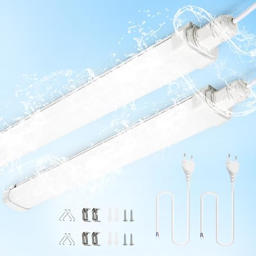BrightFly Lámpara LED resistente a la humedad, 15W, 0,6m barra de luz LED, 2 unidades de luz blanca fría súper brillante 6500K, con enchufe europeo, ideal para garaje, sótano, taller, almacén y baño.