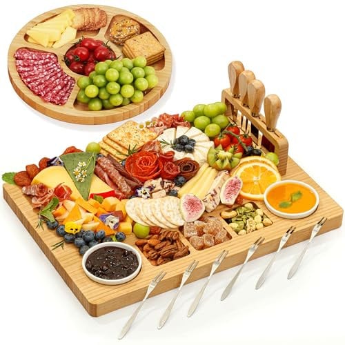 Charcuterie Boards Deluxe Gift Set - 15 Pieces, Bamboo - Large Cheese Board Plus Fruit Tray for Christmas Party, Birthday Present, Housewarming, Engagement or Wedding Shower Gift