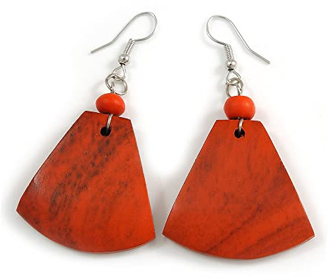 55mm Long/Antique Orange Painted Wood Fan Shape Drop Earrings