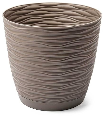 Acan Tradineur Pot de fleurs rond avec soucoupe, design Wind Ø 15 cm, en plastique, idéal pour jardin, terrasse ou balcon, marron taupe