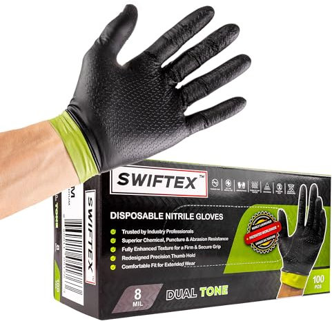 SWIFTEX - Heavy Duty Nitrile Gloves, Dual Tone, Black Green, ZIG Texture, Sure Grip, Latex Free, Powder Free, 8 Mil, Box of 100 (Large)