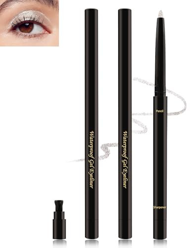 2 Pcs Silber Glitter Gel Eyeliner, Crème Smooth Kajalstift Wasserfest, Langanhaltend Wischfest Eyelinerstift mit Anspitzer, Diamond Sparkle Eyeliner Highlighter Pen, Hypoallergen Make-up für Frauen