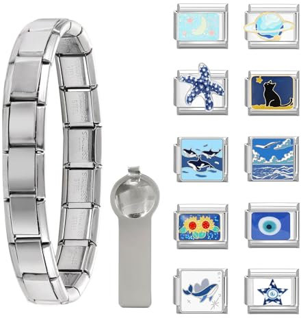 Greenyre 12PCS Italian Charm Bracelet,9mm Italian Charms,Abnehmbar Edelstahl Modul Armband mit Öffnungswerkzeugen,Italian Style Charms für Damen,Geschenk für mama,grandma,daughter