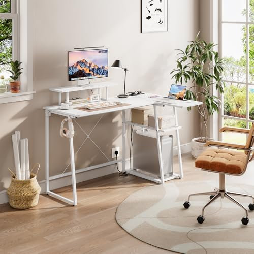 Dripex L Shaped Computer Desk with 2-Tier Storage Shelves, Corner Desk with Power Outlets, USB Charging Ports & Tablet Slot, Modern Work Study Table for Home Office, White