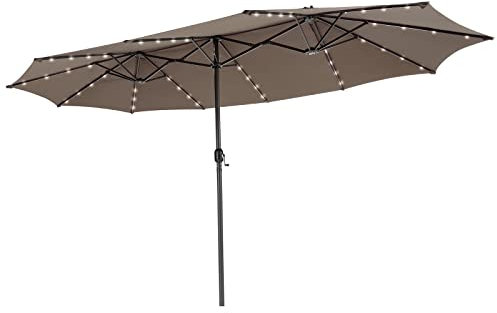 COSTWAY Sombrilla Terraza Exterior Doble, Sombrillas Jardin Grandes con 48 Luces LED, Panel Solar de Carga automática, Sistema de Manivela, Parasol Terraza Exterior (Café, 470 x 280 cm (con LED))