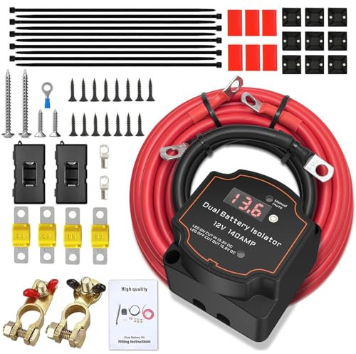 5M 12V 140 Amp Split Charge Relay Kit, Voltage Sensitive Relay Kit with LED Screen Display, VSR Smart Dual Battery Isolator Battery Automatic Disconnect Switch, for Campervan SUV ATV RV Boat Vehicles