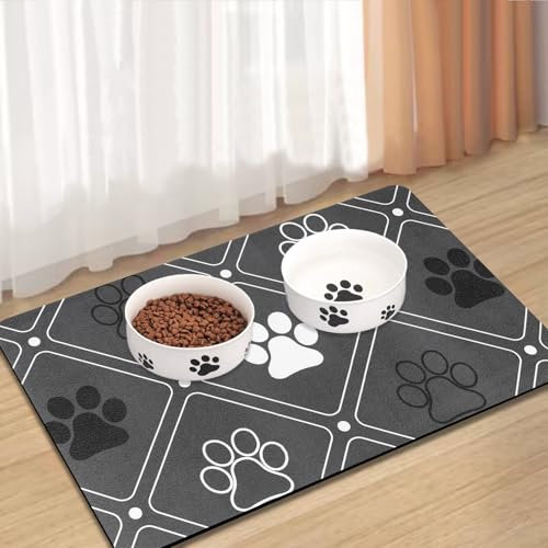 Lurowo Tapis de Nourriture pour Chien Tapis Gamelle Chien à Séchage Rapide Super Absorbant Lavable Tapis Antidérapant de Gamelle pour Chien Chat (Motif de Patte de Chien à Carreaux, 40x60cm)