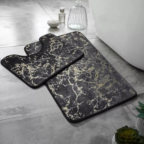 Lions 2 Piece Bath Mat - Shiny Glitter Non-Slip Bathroom Mat Pedestal Set, Super Soft Water Absorbent Marble Effect with Machine Washable, Quick Dry Bath Toilet Rugs (Charcoal, 50x80cm)